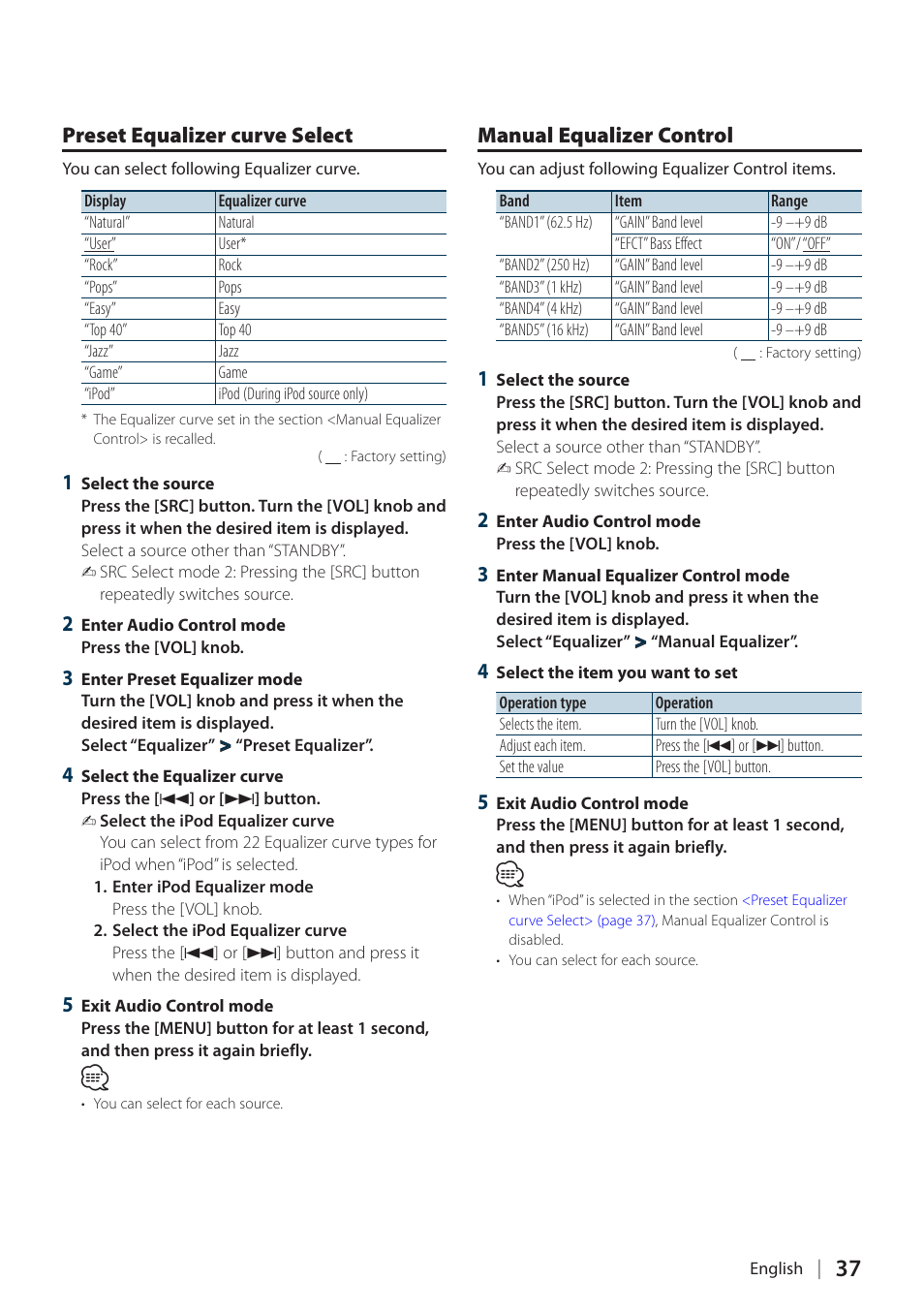 Preset equalizer curve select, Manual equalizer control | Kenwood KDC-BT60U User Manual | Page 37 / 72