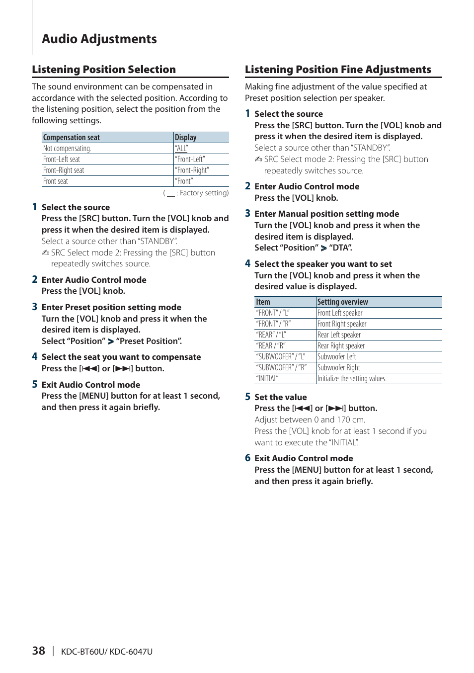 Listening position selection, Listening position fine adjustments, Audio adjustments | Kenwood KDC-BT60U User Manual | Page 38 / 72