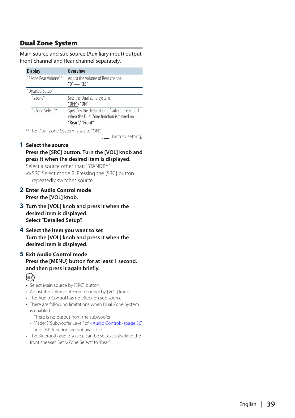 Dual zone system | Kenwood KDC-BT60U User Manual | Page 39 / 72