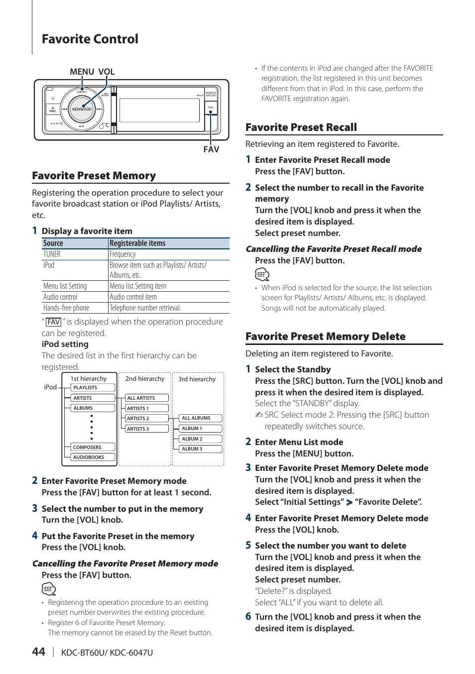 Favorite control, Favorite preset memory, Favorite preset recall | Favorite preset memory delete | Kenwood KDC-BT60U User Manual | Page 44 / 72