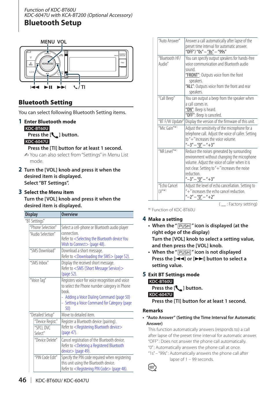 Bluetooth setup, Bluetooth setting, Bluetooth | Kenwood KDC-BT60U User Manual | Page 46 / 72