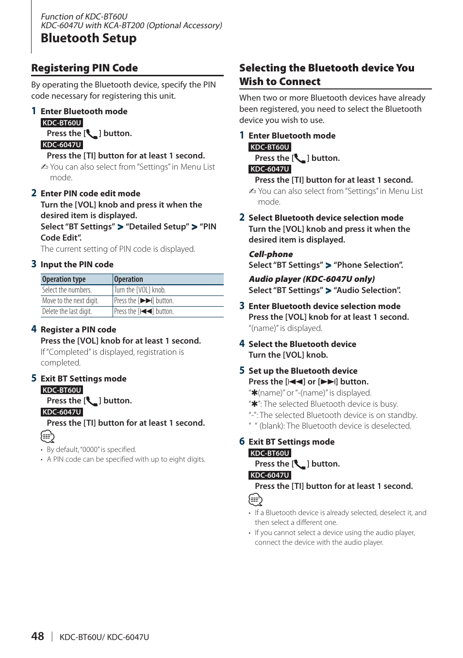 Registering pin code, Selecting the bluetooth device you wish to connect, Connect | Registering pin, Selecting the bluetooth device you wish to, Selecting the bluetooth device you, Bluetooth setup | Kenwood KDC-BT60U User Manual | Page 48 / 72