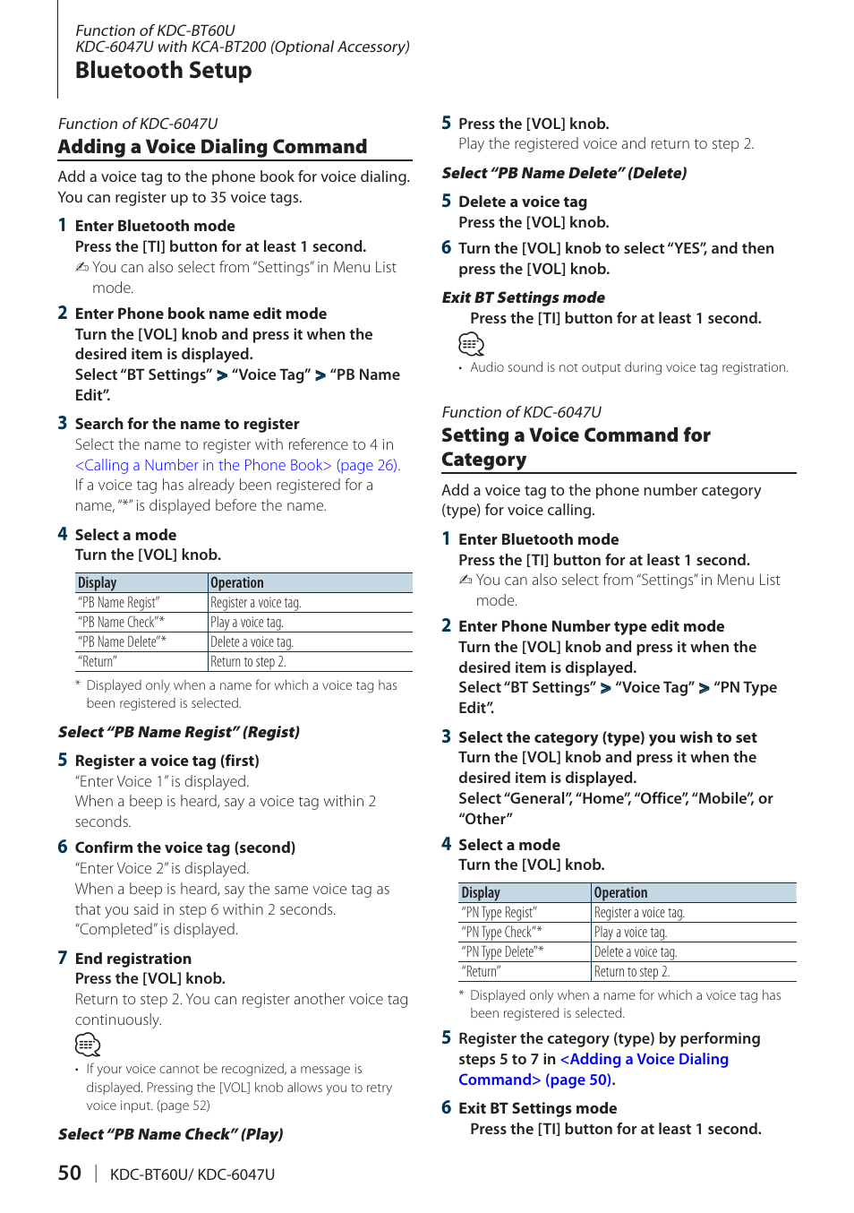 Adding a voice dialing command, Setting a voice command for category, Setting a voice command for | Bluetooth setup | Kenwood KDC-BT60U User Manual | Page 50 / 72