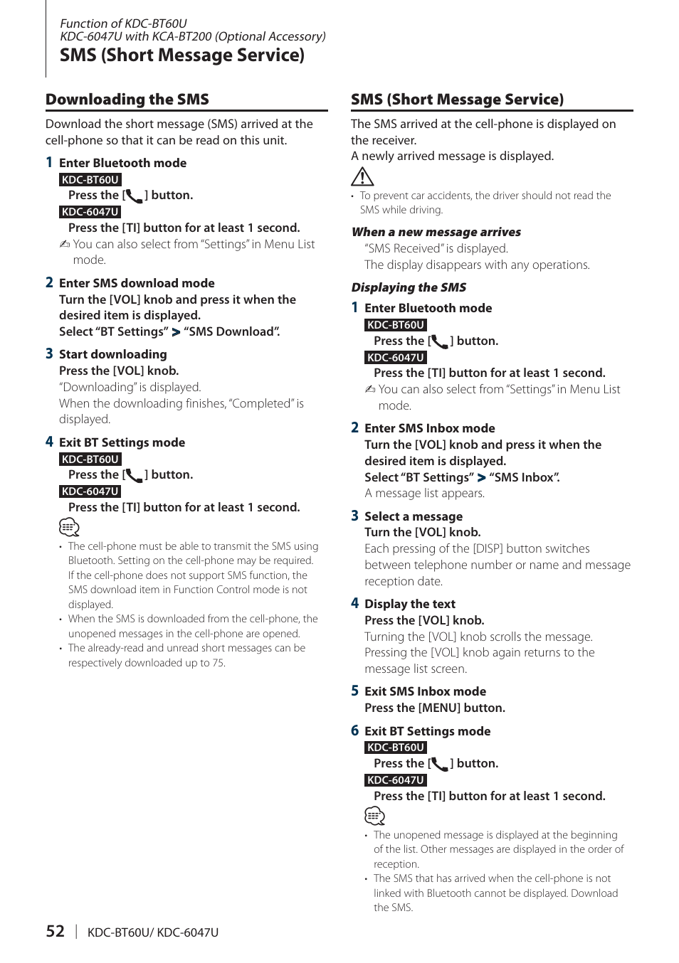 Sms (short message service), Downloading the sms, Downloading the sms sms (short message service) | Kenwood KDC-BT60U User Manual | Page 52 / 72