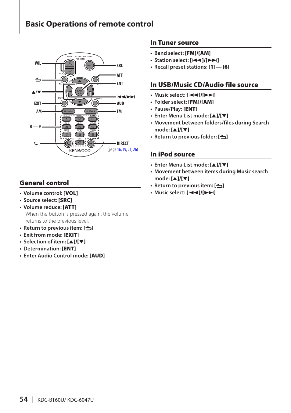 Basic operations of remote control, General control | Kenwood KDC-BT60U User Manual | Page 54 / 72