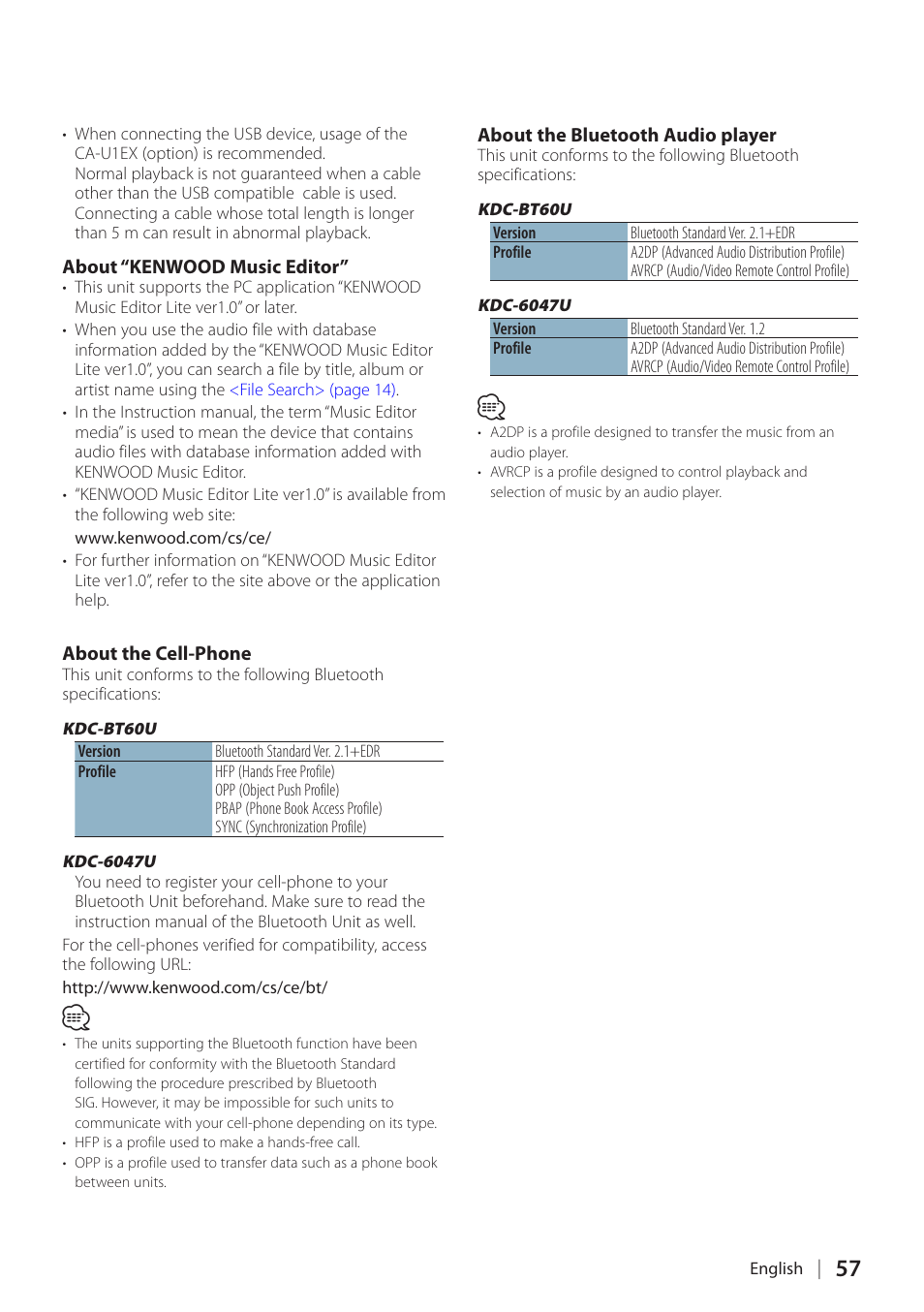 About “kenwood music editor, About the cell-phone, About the bluetooth audio player | Kenwood KDC-BT60U User Manual | Page 57 / 72