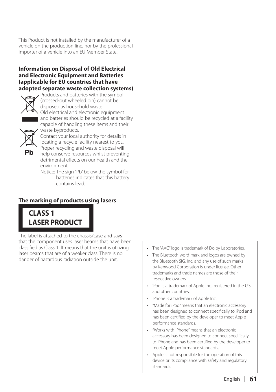 Class 1 laser product | Kenwood KDC-BT60U User Manual | Page 61 / 72