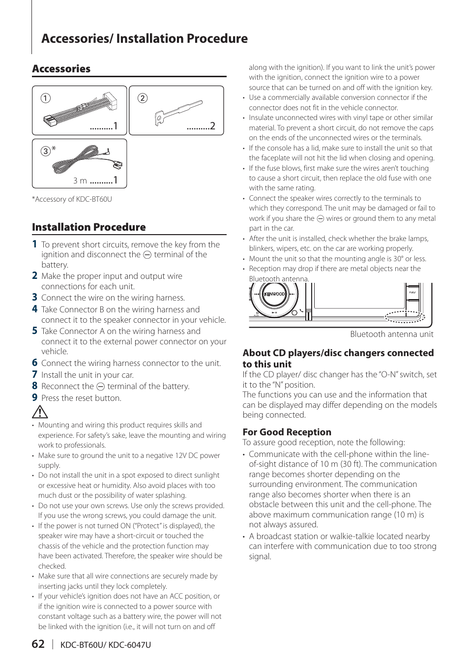 Accessories/ installation procedure, Accessories 1, Installation procedure 1 | Kenwood KDC-BT60U User Manual | Page 62 / 72