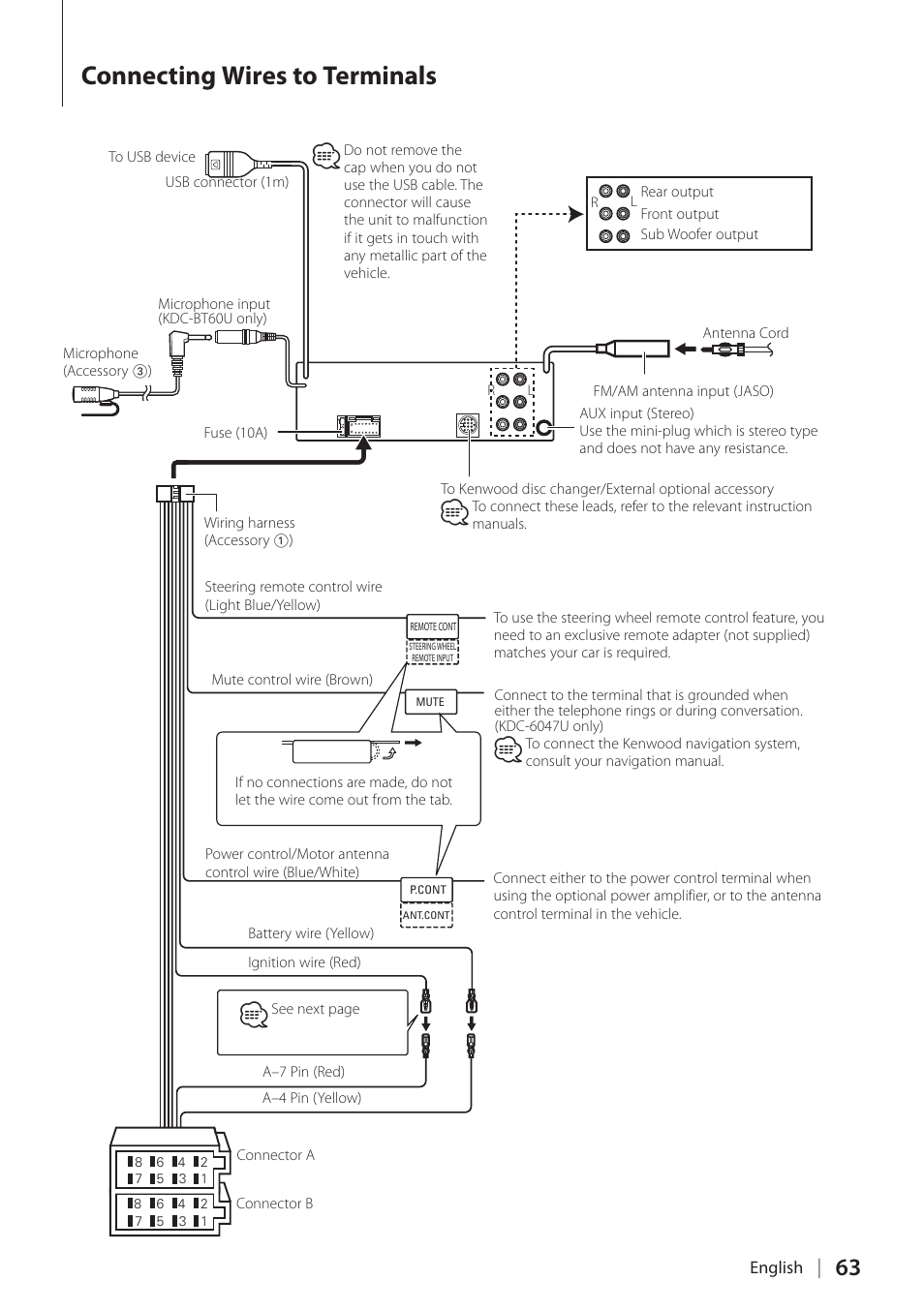 Connecting wires to terminals | Kenwood KDC-BT60U User Manual | Page 63 / 72