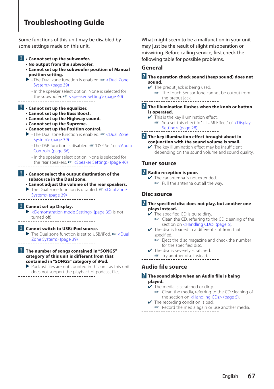 Troubleshooting guide, General, Tuner source | Disc source, Audio file source | Kenwood KDC-BT60U User Manual | Page 67 / 72