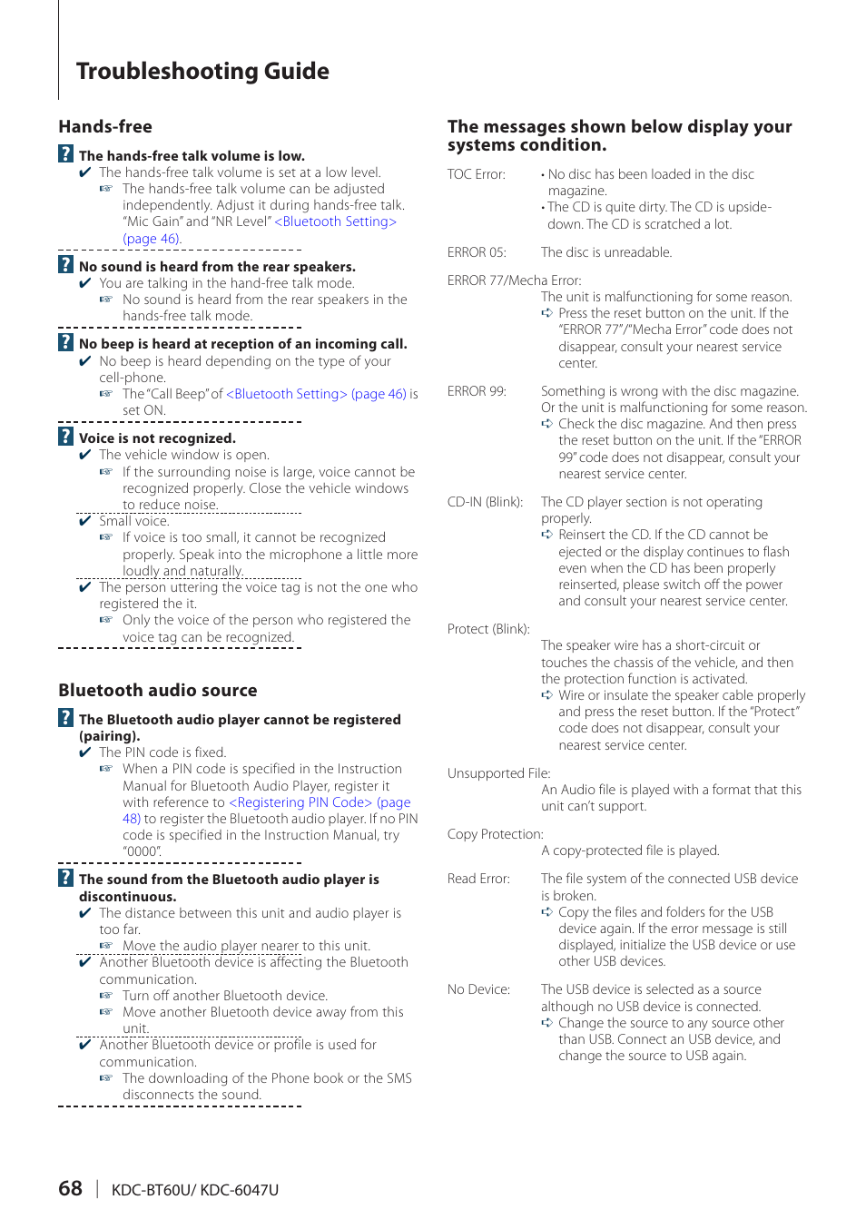 Troubleshooting guide, Hands-free, Bluetooth audio source | Kenwood KDC-BT60U User Manual | Page 68 / 72