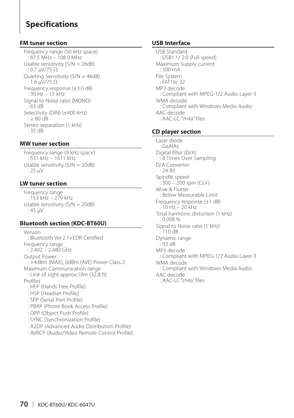 Specifications | Kenwood KDC-BT60U User Manual | Page 70 / 72