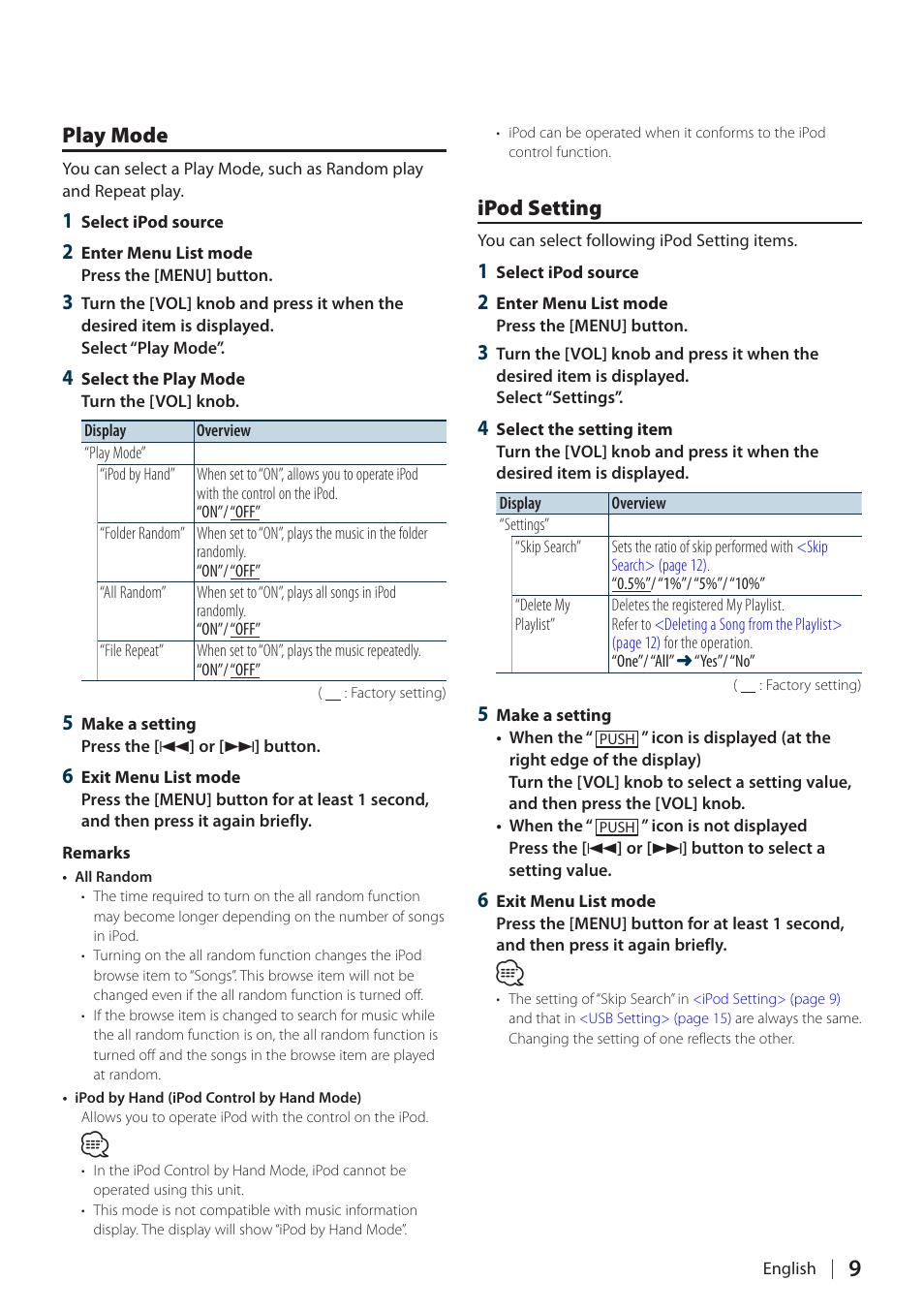 Play mode, Ipod setting, Play mode ipod setting | Kenwood KDC-BT60U User Manual | Page 9 / 72