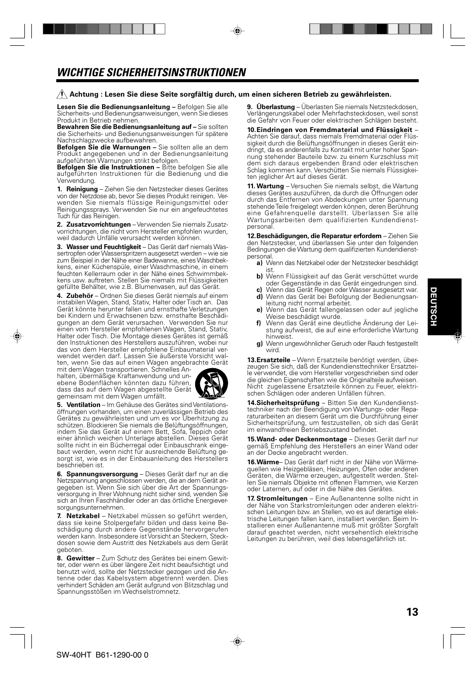 Wichtige sicherheitsinstruktionen | Kenwood SW-40HT-BK User Manual | Page 13 / 32