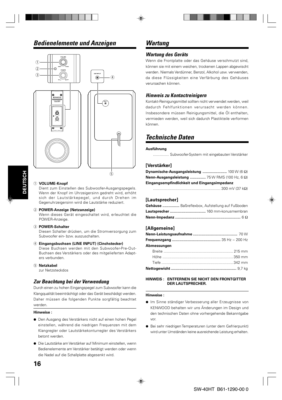 Bedienelemente und anzeigen, Wartung, Technische daten | Zur beachtung bei der verwendung, Wartung des geräts, Hinweis zu kontactreinigern | Kenwood SW-40HT-BK User Manual | Page 16 / 32