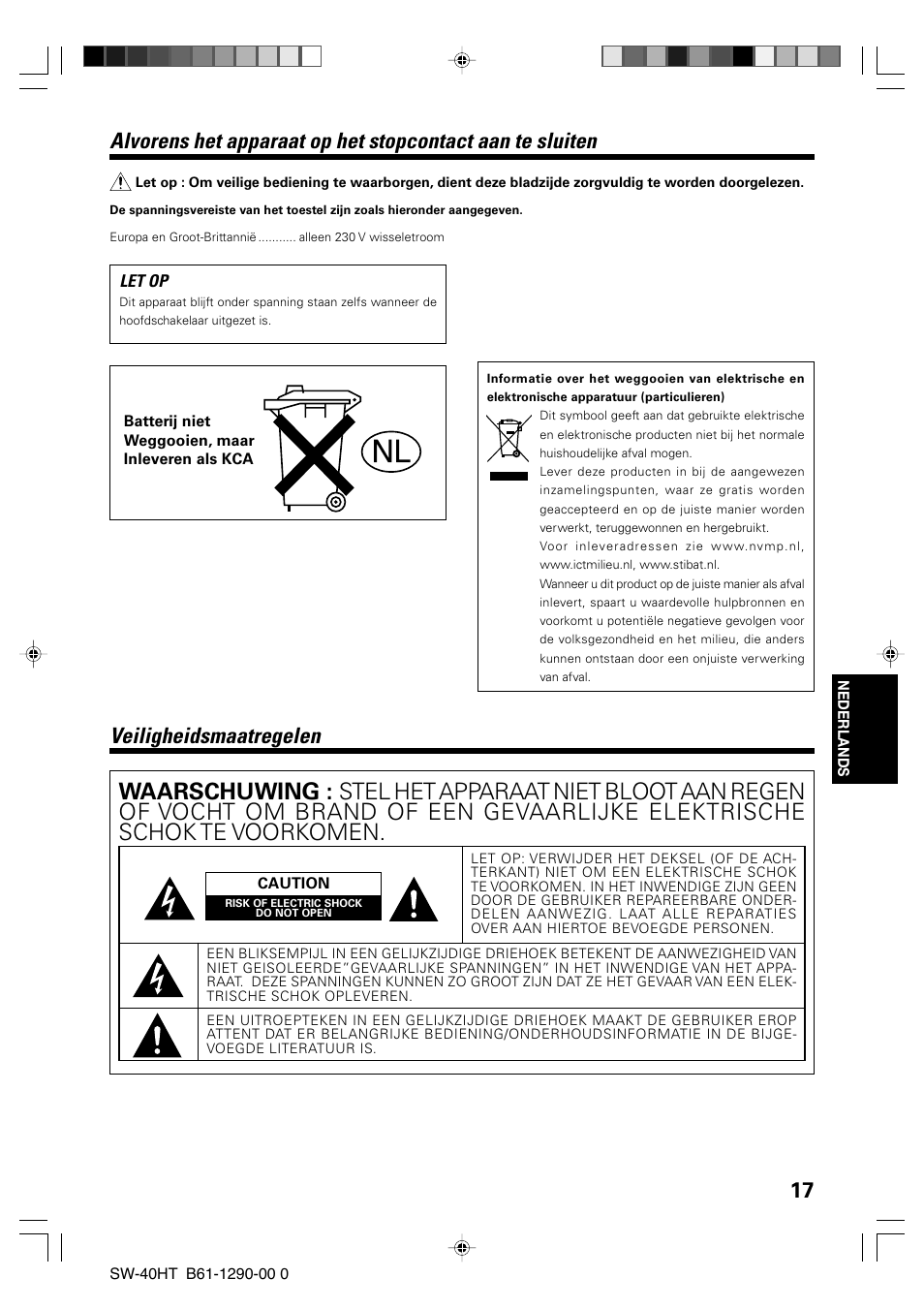 Veiligheidsmaatregelen | Kenwood SW-40HT-BK User Manual | Page 17 / 32