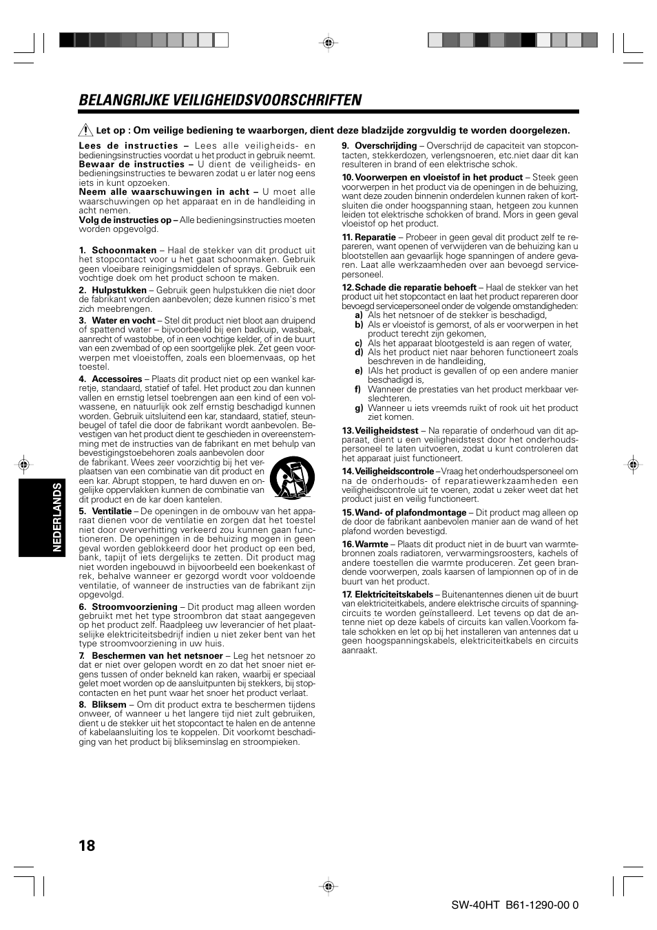 Belangrijke veiligheidsvoorschriften | Kenwood SW-40HT-BK User Manual | Page 18 / 32