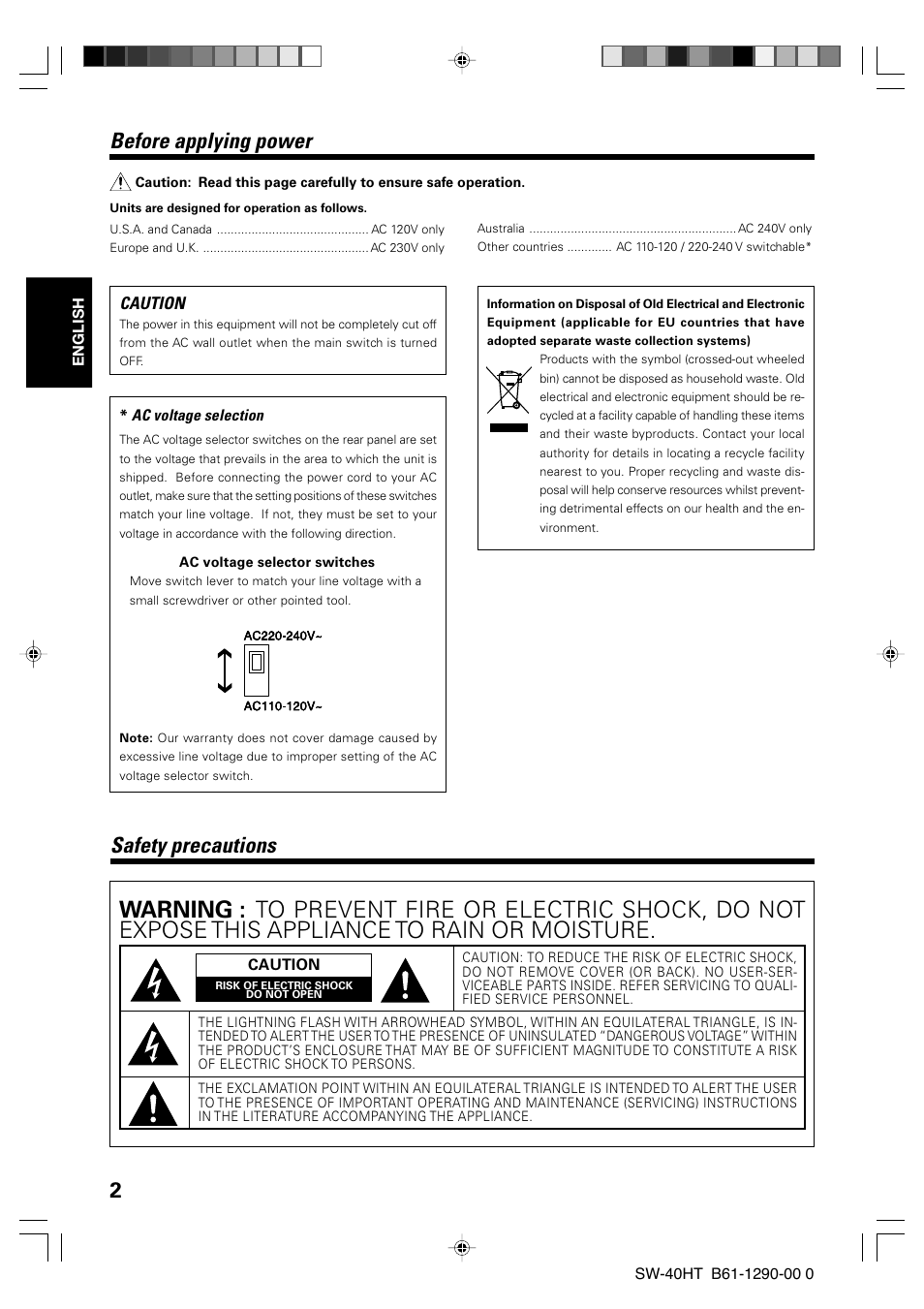 2before applying power, Safety precautions, Caution | Kenwood SW-40HT-BK User Manual | Page 2 / 32