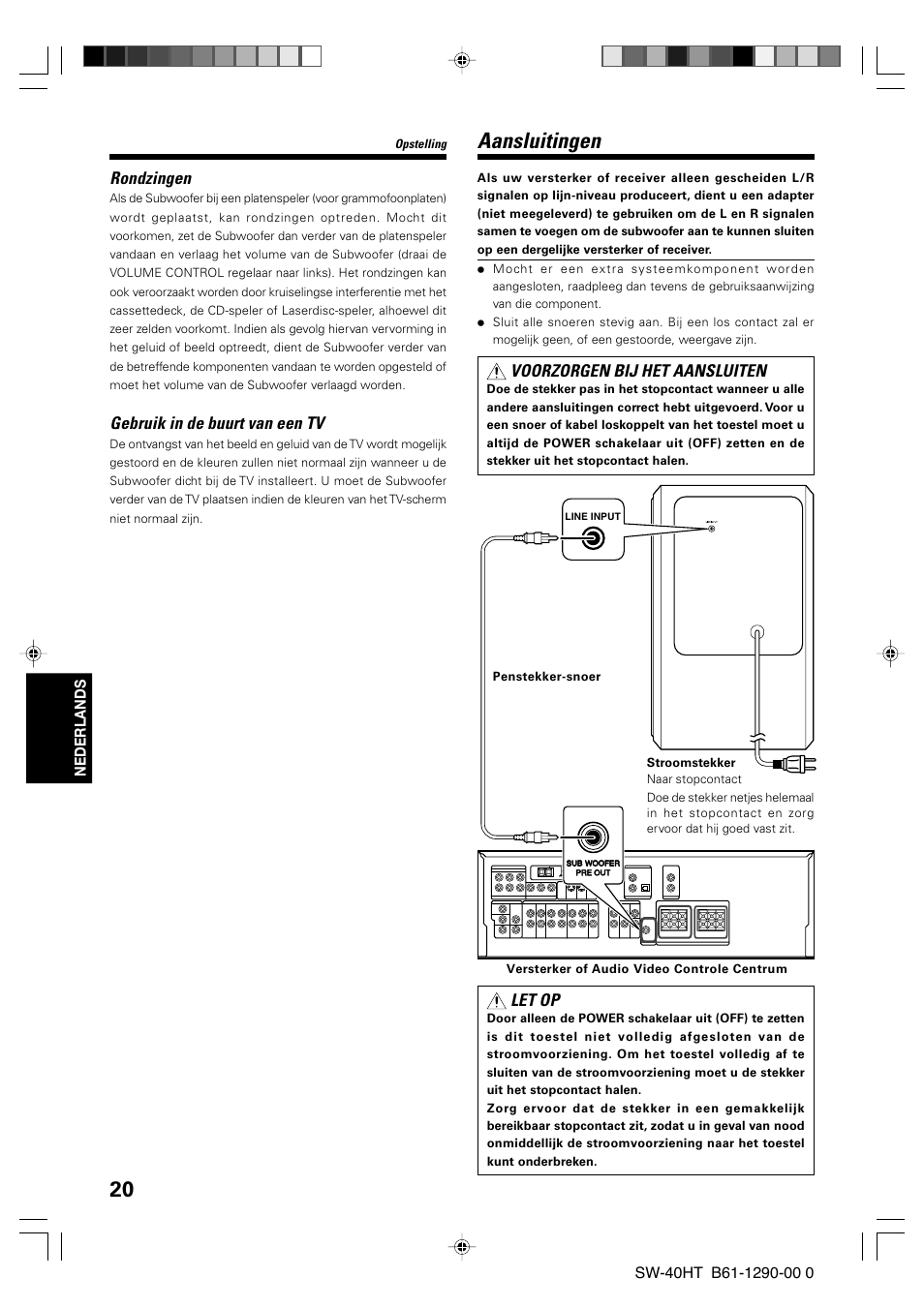 Aansluitingen, Rondzingen, Gebruik in de buurt van een tv | Let op, Voorzorgen bij het aansluiten, Nederlands | Kenwood SW-40HT-BK User Manual | Page 20 / 32