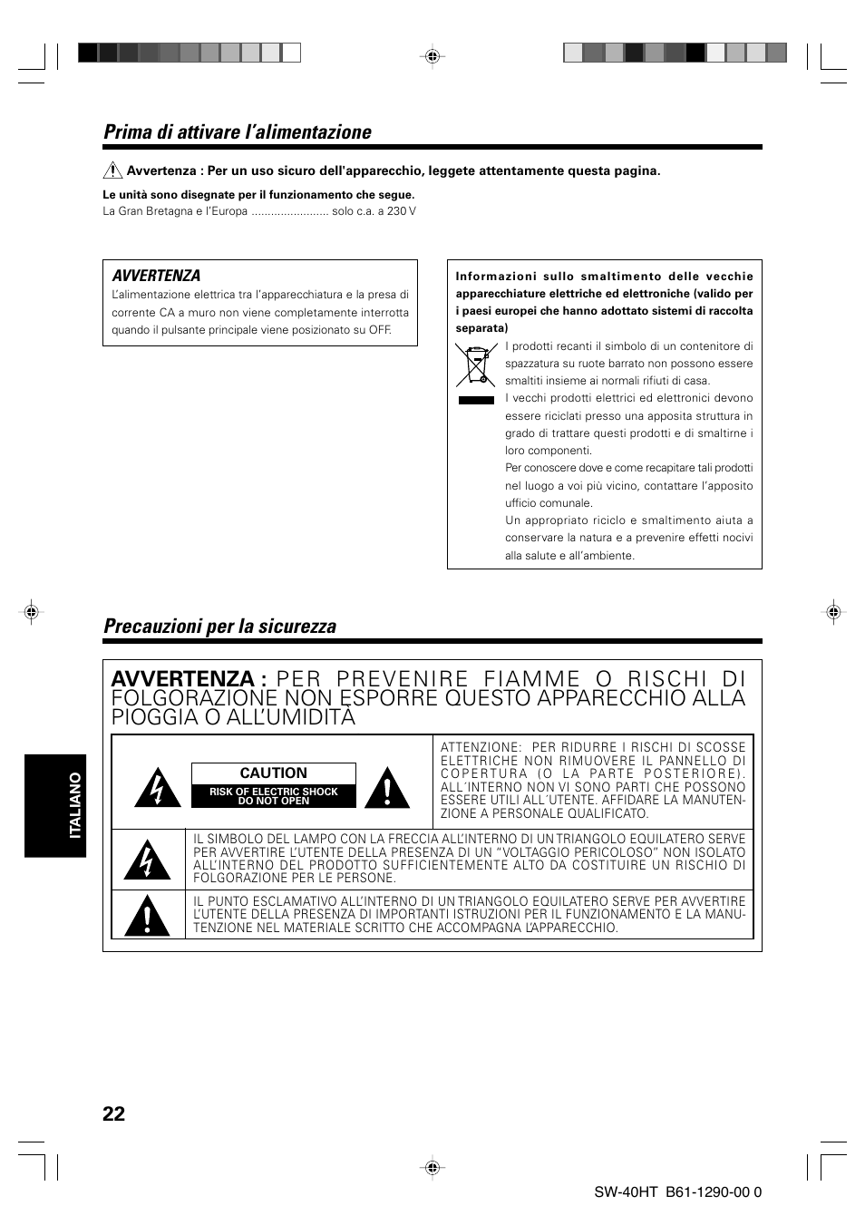 Prima di attivare l’alimentazione, Precauzioni per la sicurezza | Kenwood SW-40HT-BK User Manual | Page 22 / 32