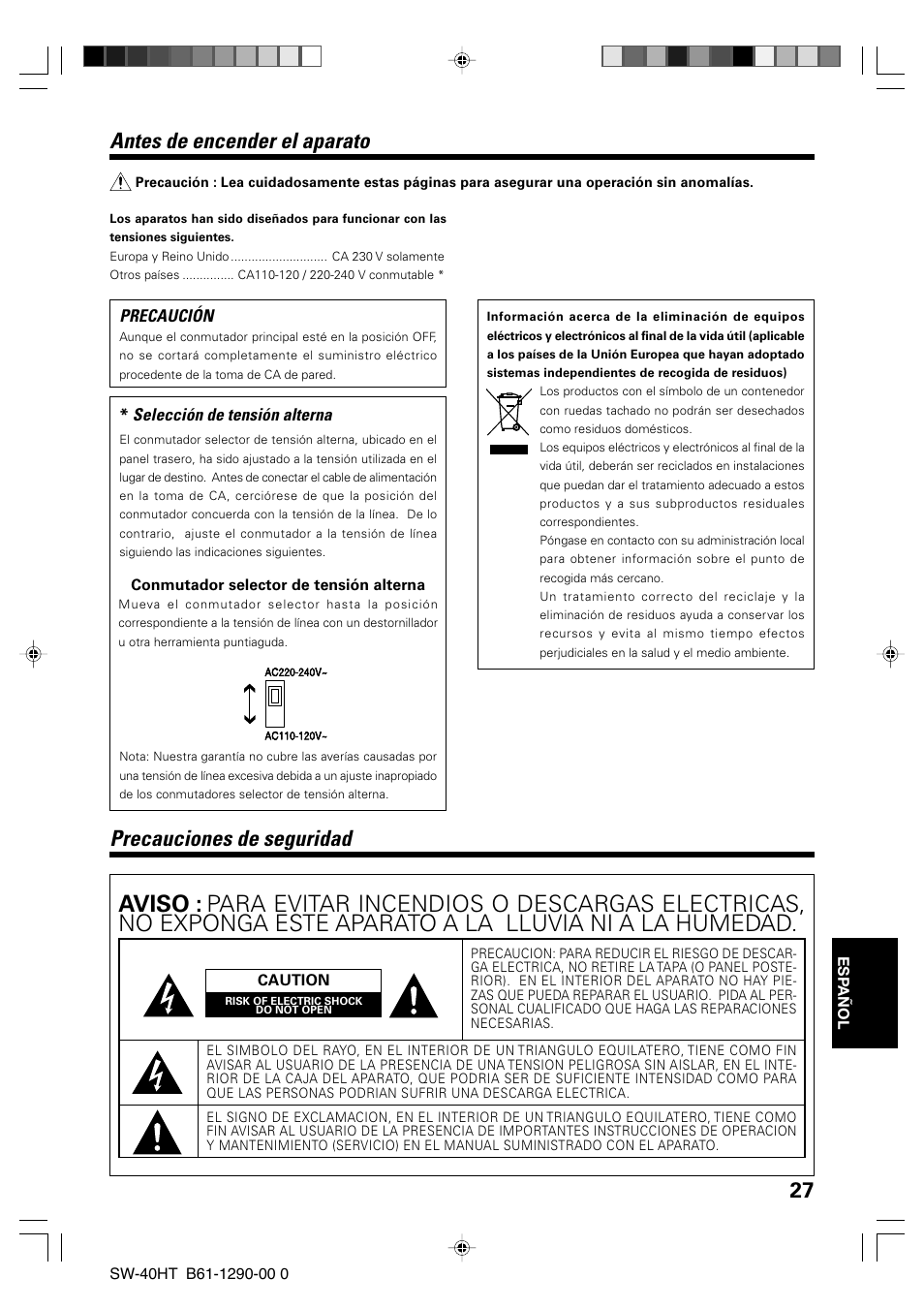 Antes de encender el aparato, Precauciones de seguridad | Kenwood SW-40HT-BK User Manual | Page 27 / 32