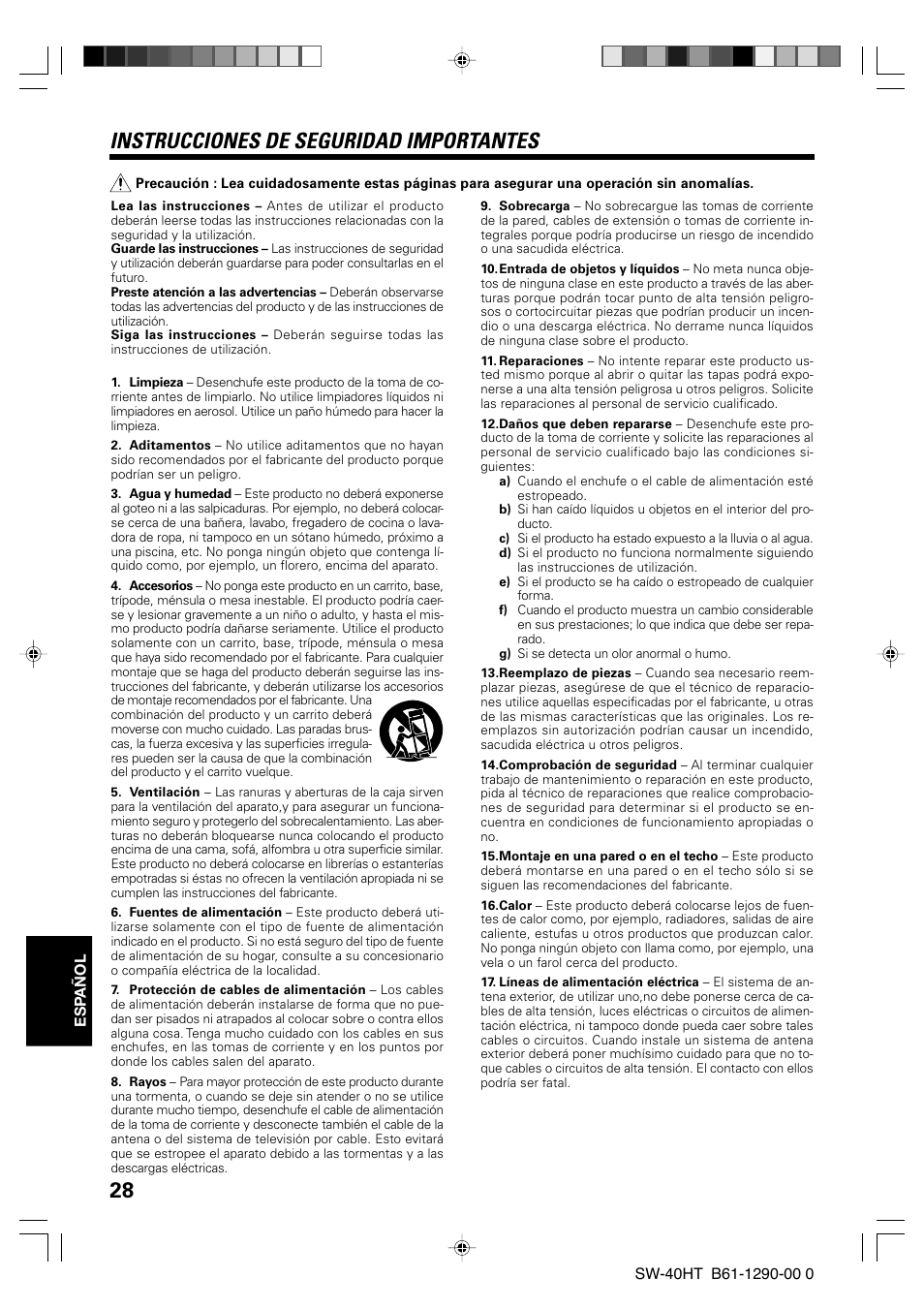 Instrucciones de seguridad importantes | Kenwood SW-40HT-BK User Manual | Page 28 / 32