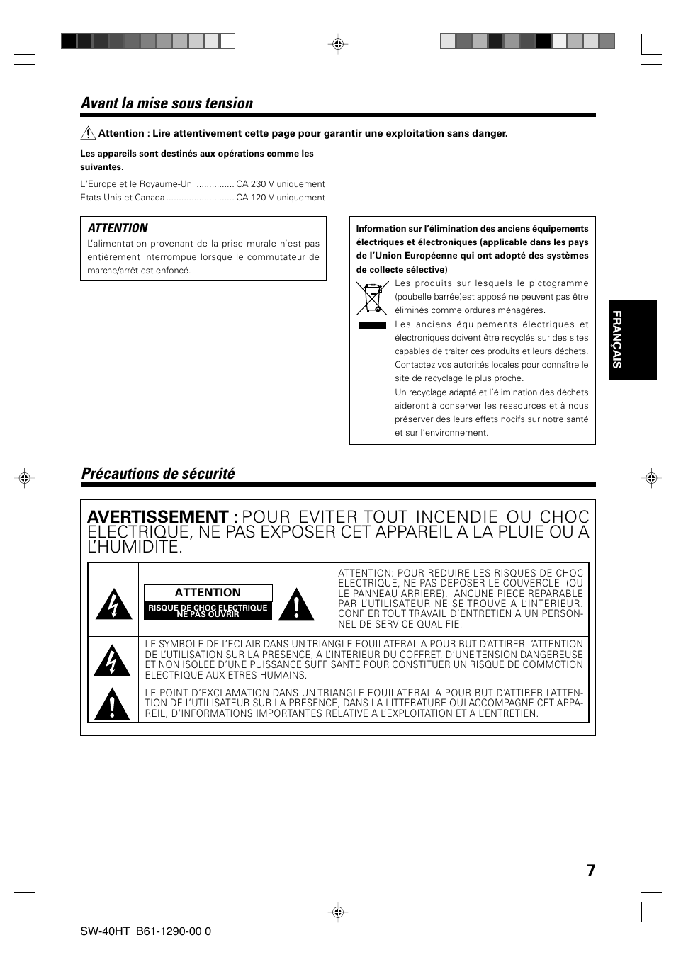 Précautions de sécurité, Avant la mise sous tension | Kenwood SW-40HT-BK User Manual | Page 7 / 32