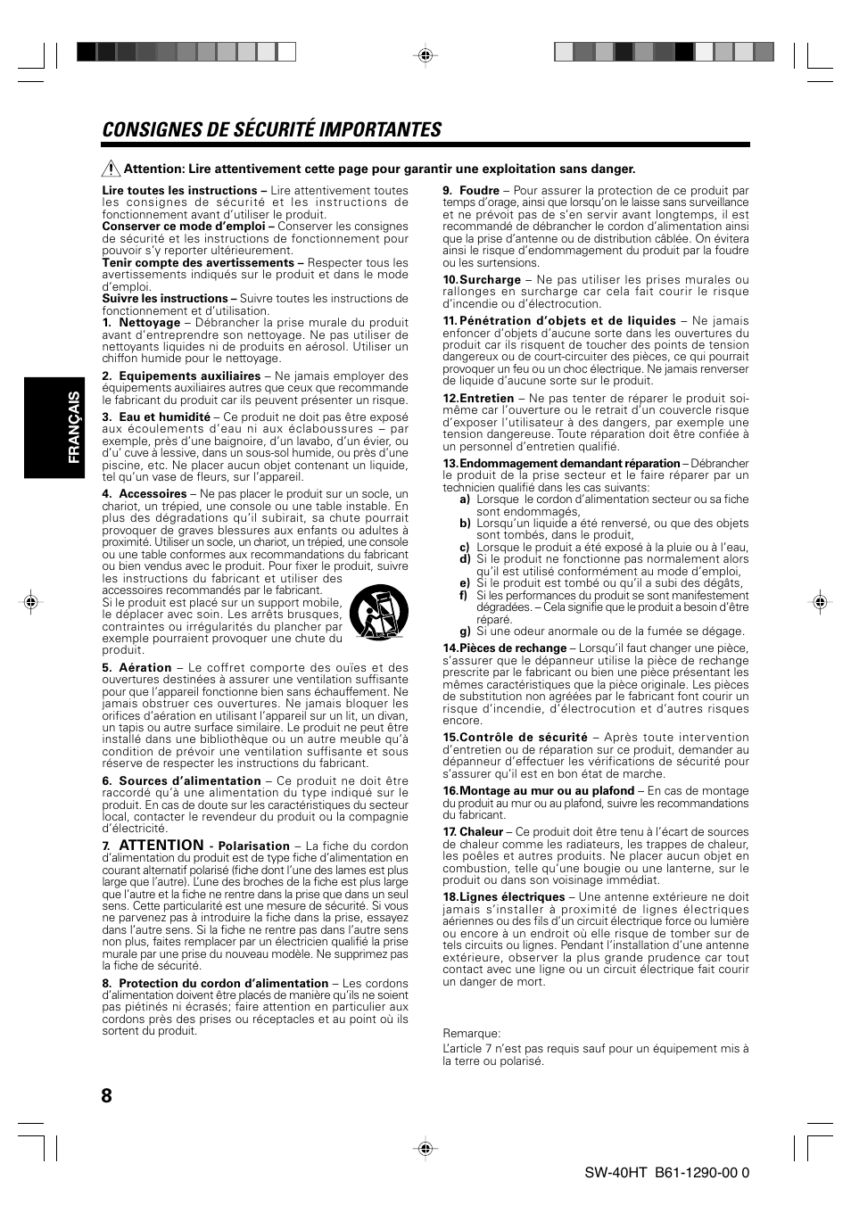 Consignes de sécurité importantes | Kenwood SW-40HT-BK User Manual | Page 8 / 32