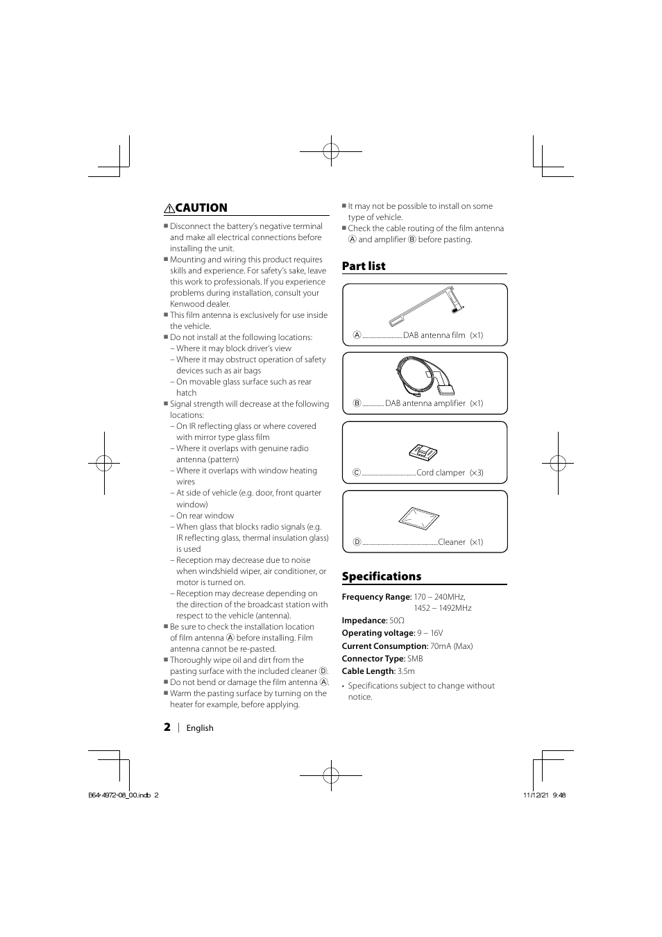 Part list, Specifications, Caution | Kenwood CX-DAB1 User Manual | Page 2 / 5