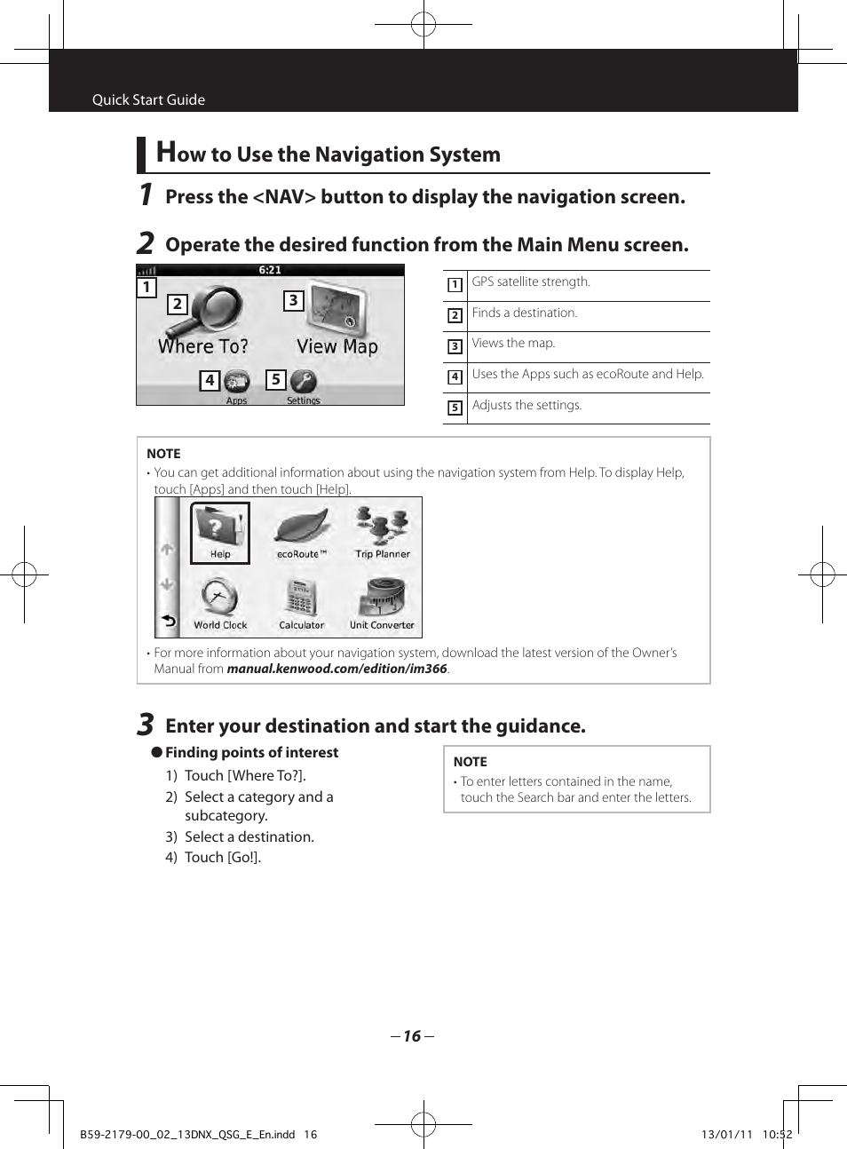 Ow to use the navigation system, Enter your destination and start the guidance | Kenwood DNX7230DAB User Manual | Page 16 / 36