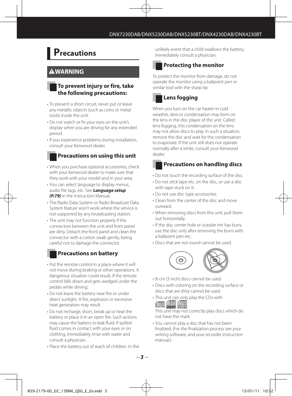 Recautions, 2warning | Kenwood DNX7230DAB User Manual | Page 3 / 36