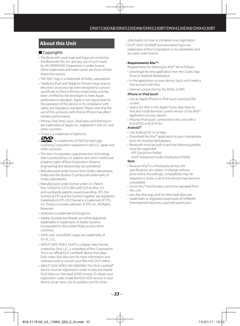 About this unit, Copyrights | Kenwood DNX7230DAB User Manual | Page 33 / 36