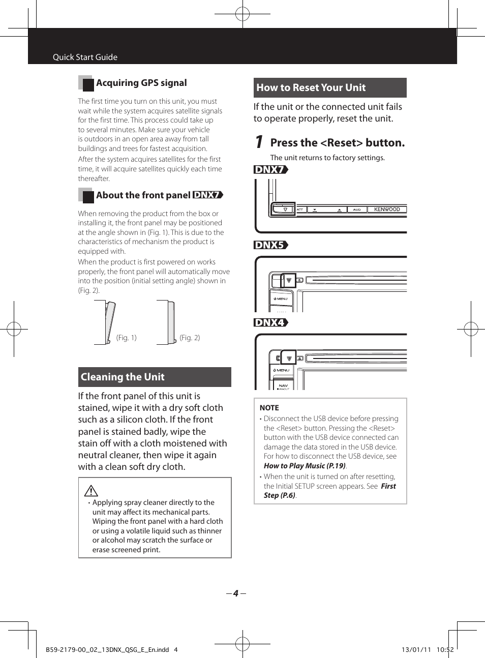 Press the <reset> button, Cleaning the unit, How to reset your unit | Kenwood DNX7230DAB User Manual | Page 4 / 36