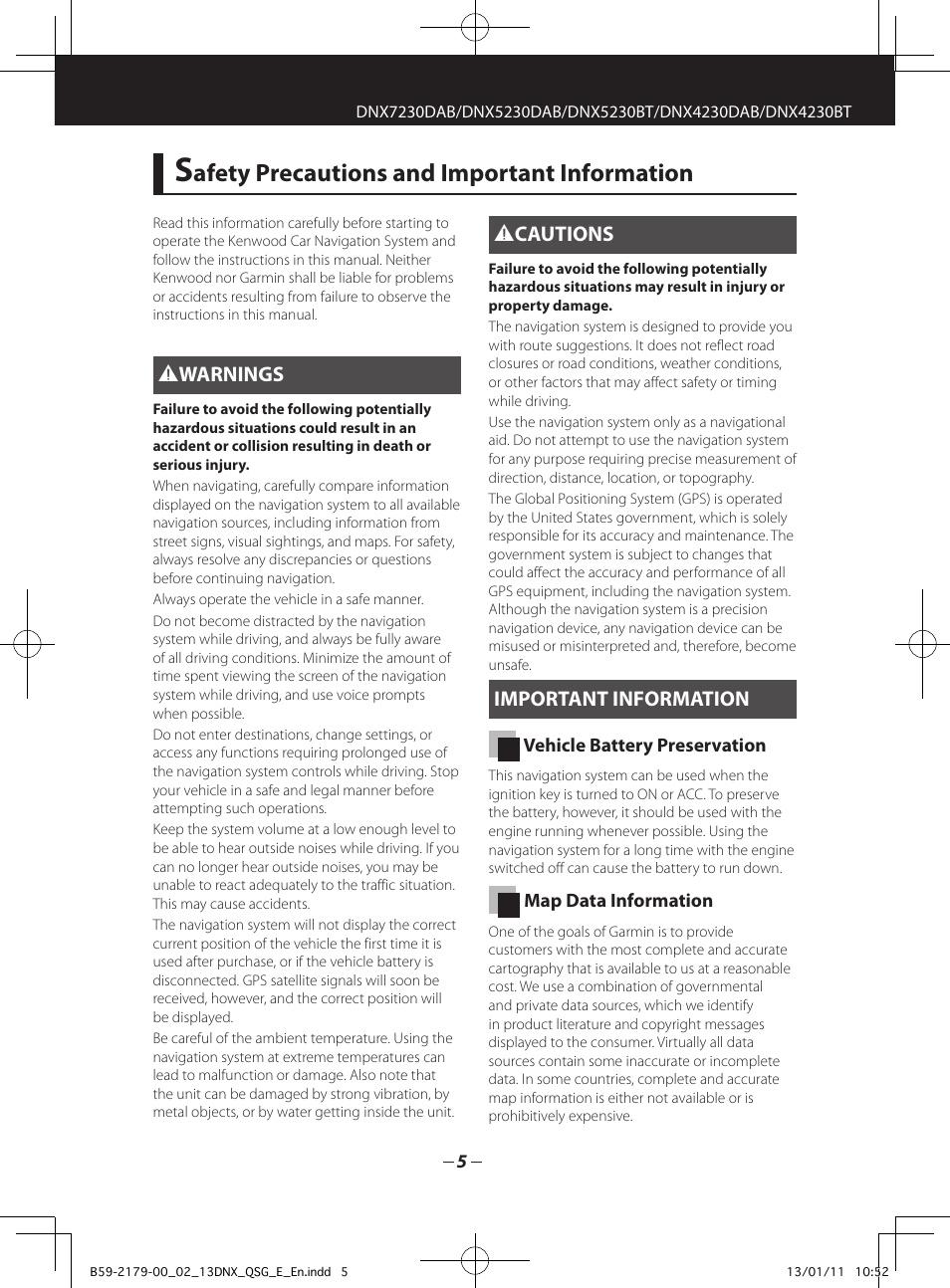 Afety precautions and important information | Kenwood DNX7230DAB User Manual | Page 5 / 36
