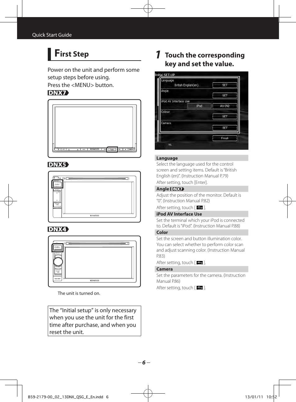 Irst step, Touch the corresponding key and set the value | Kenwood DNX7230DAB User Manual | Page 6 / 36