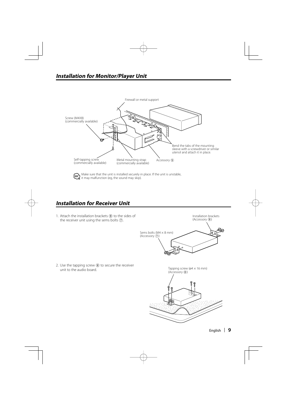 Installation for monitor/player unit, Installation for receiver unit | Kenwood KVT-729DVD User Manual | Page 9 / 12