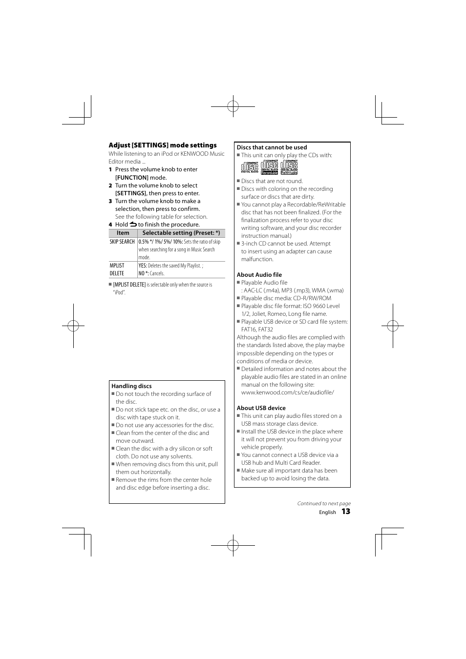 Adjust [settings] mode settings | Kenwood KDC-4751SD User Manual | Page 13 / 40