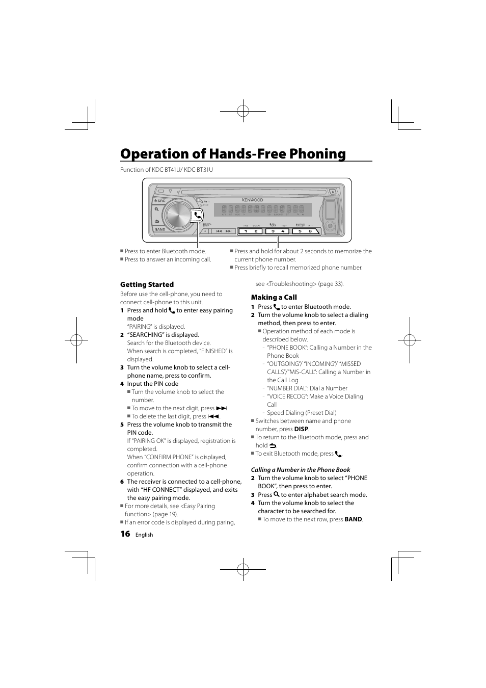 Operation of hands-free phoning | Kenwood KDC-4751SD User Manual | Page 16 / 40
