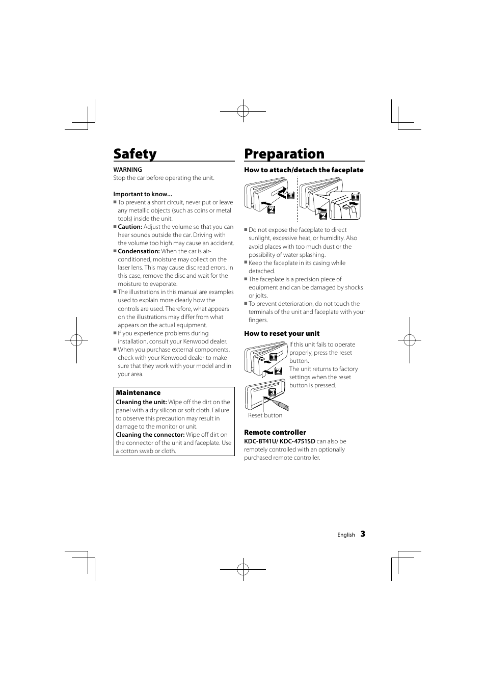 Safety preparation | Kenwood KDC-4751SD User Manual | Page 3 / 40