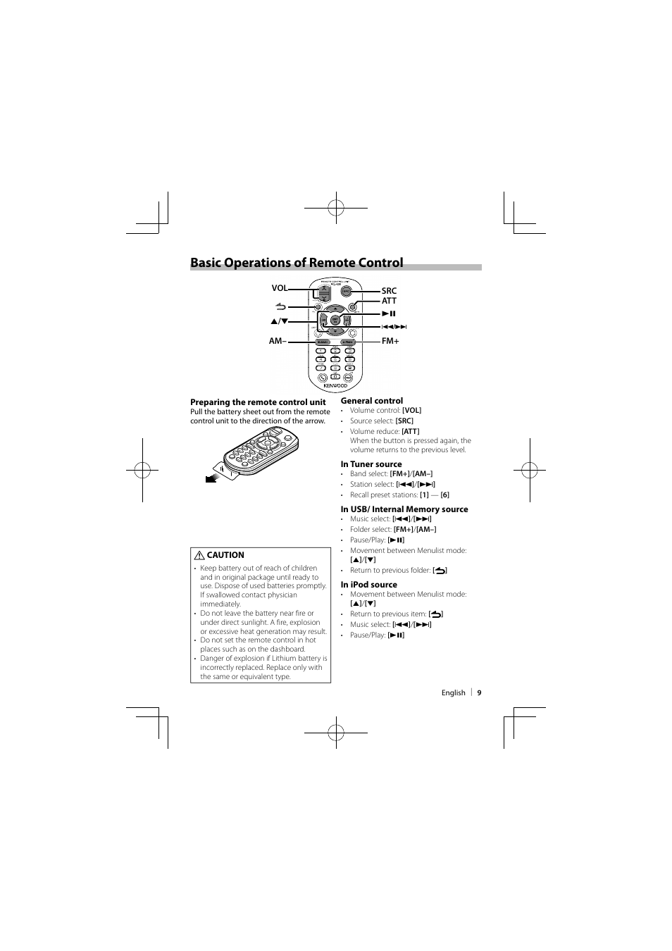 Basic operations of remote control | Kenwood KIV-700 User Manual | Page 9 / 15