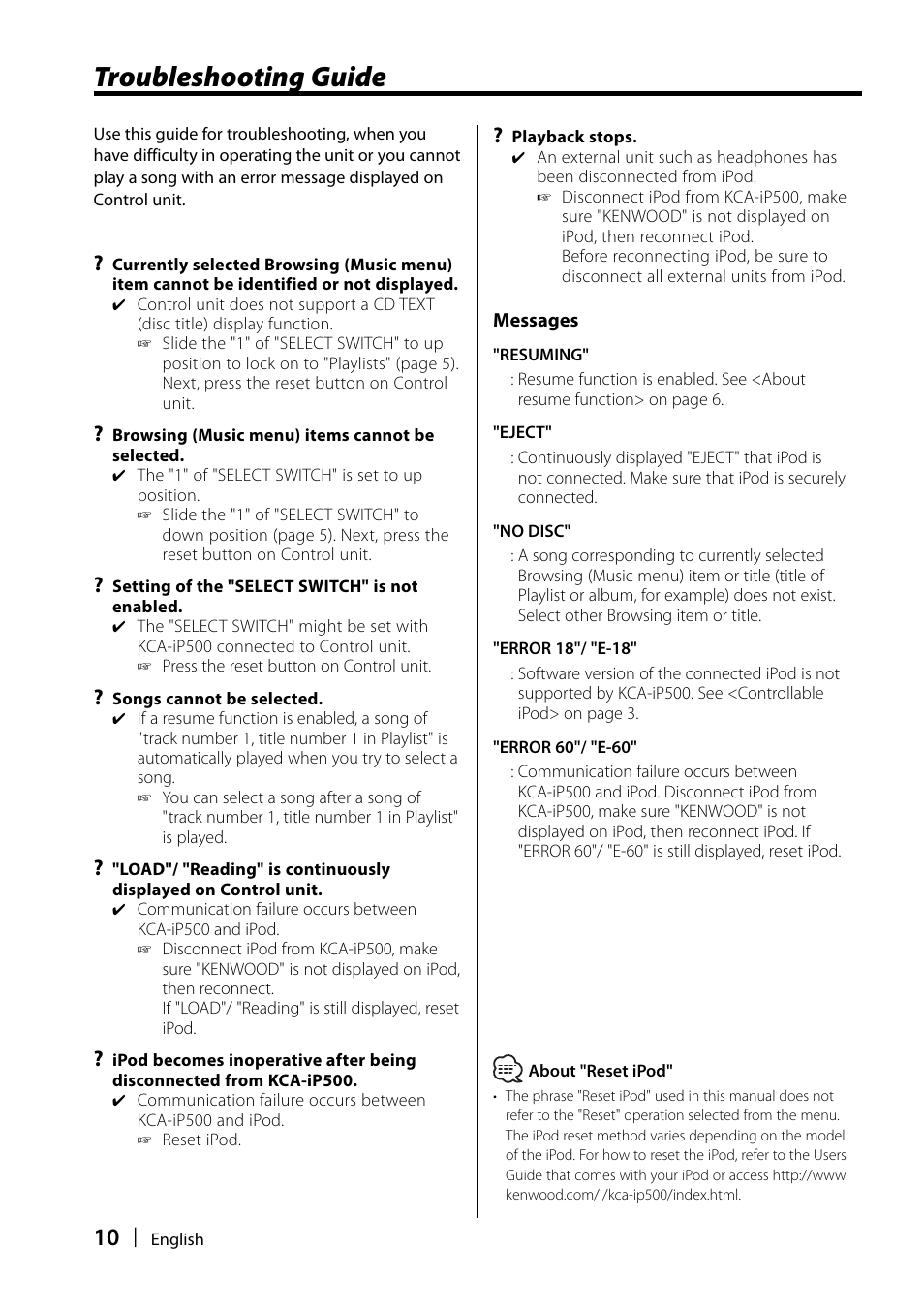 Troubleshooting guide | Kenwood KCA-iP500 User Manual | Page 10 / 11