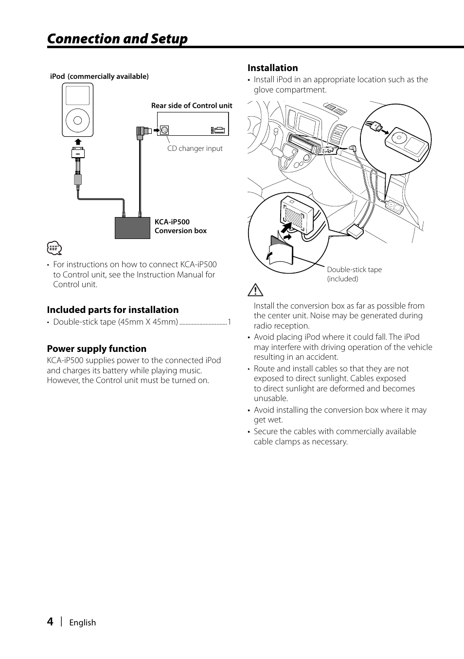 Connection and setup | Kenwood KCA-iP500 User Manual | Page 4 / 11