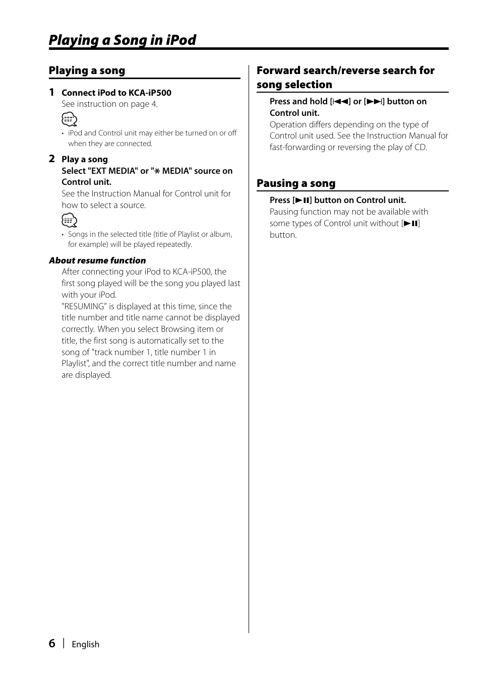 Playing a song in ipod | Kenwood KCA-iP500 User Manual | Page 6 / 11