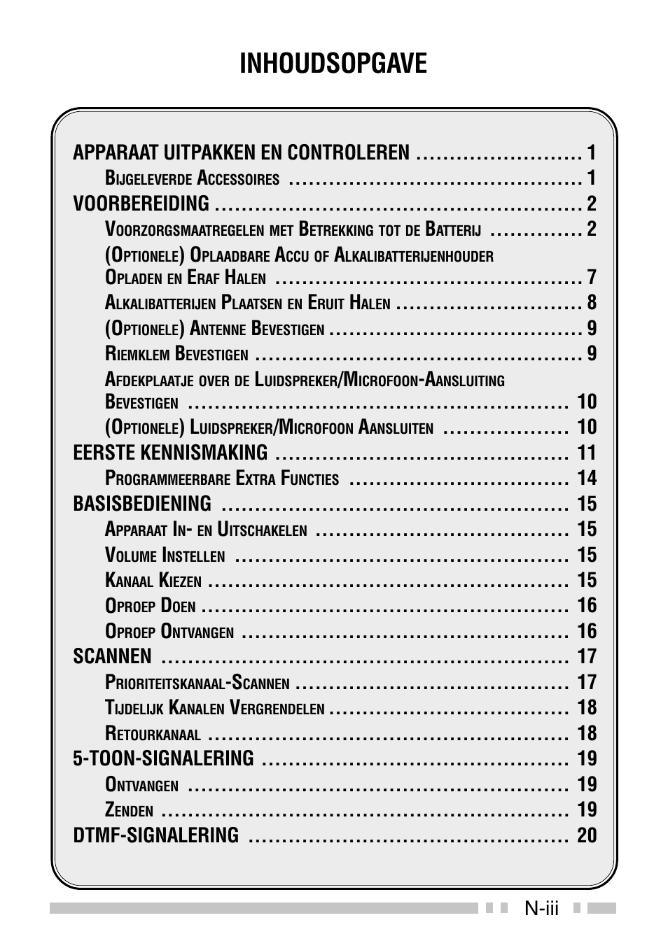 Inhoudsopgave, N-iii, Apparaat uitpakken en controleren b | Voorbereiding v, Eerste kennismaking p, Basisbediening a, Scannen p, Toon-signalering o, Dtmf-signalering | Kenwood TK-3160E - Discontinued User Manual | Page 187 / 218