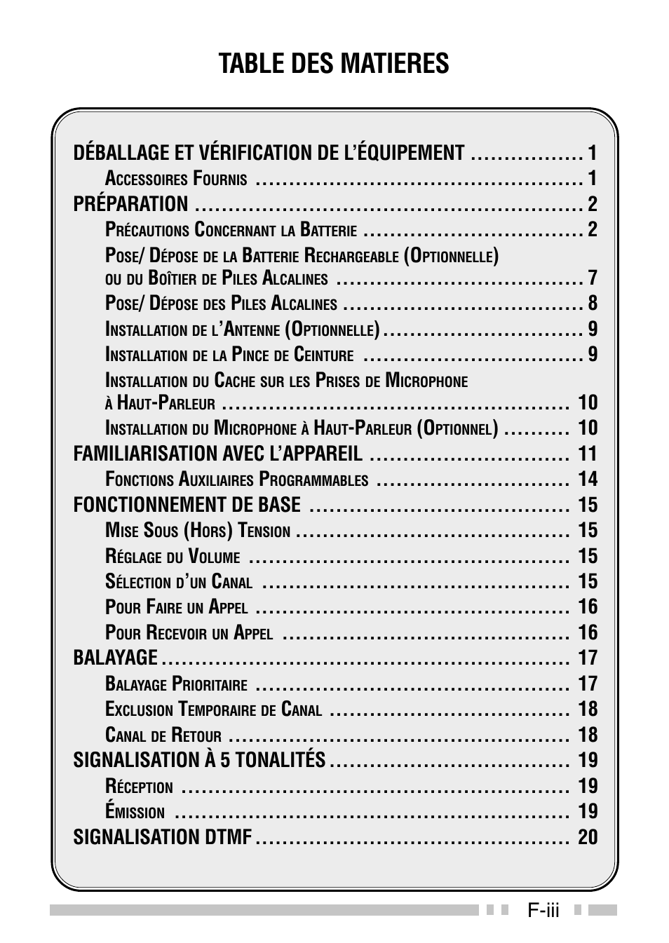 Table des matieres, F-iii, Déballage et vérification de l’équipement a | Préparation p, Familiarisation avec l’appareil f, Fonctionnement de base m, Balayage b, Signalisation à 5 tonalités r, Signalisation dtmf | Kenwood TK-3160E - Discontinued User Manual | Page 43 / 218