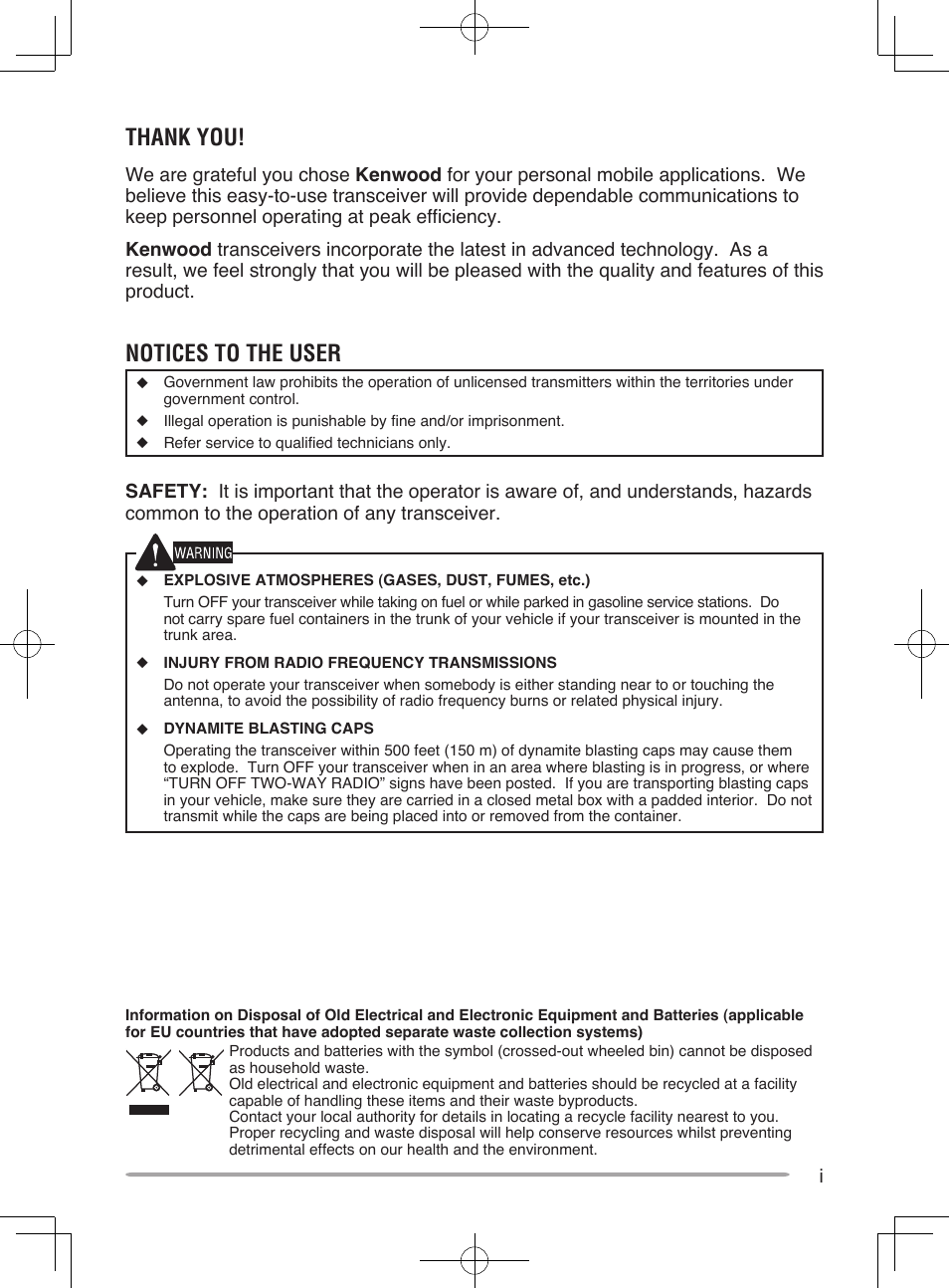 Notices to the user | Kenwood TK-7185E User Manual | Page 3 / 33