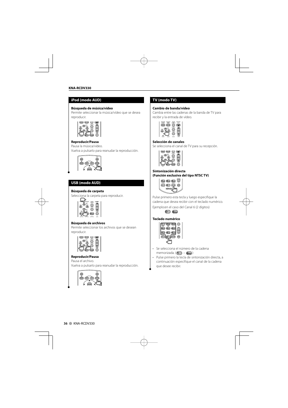 Ipod (modo aud), Usb (modo aud), Tv (modo tv) | Teclado numérico | Kenwood KNA-RCDV331 User Manual | Page 6 / 7