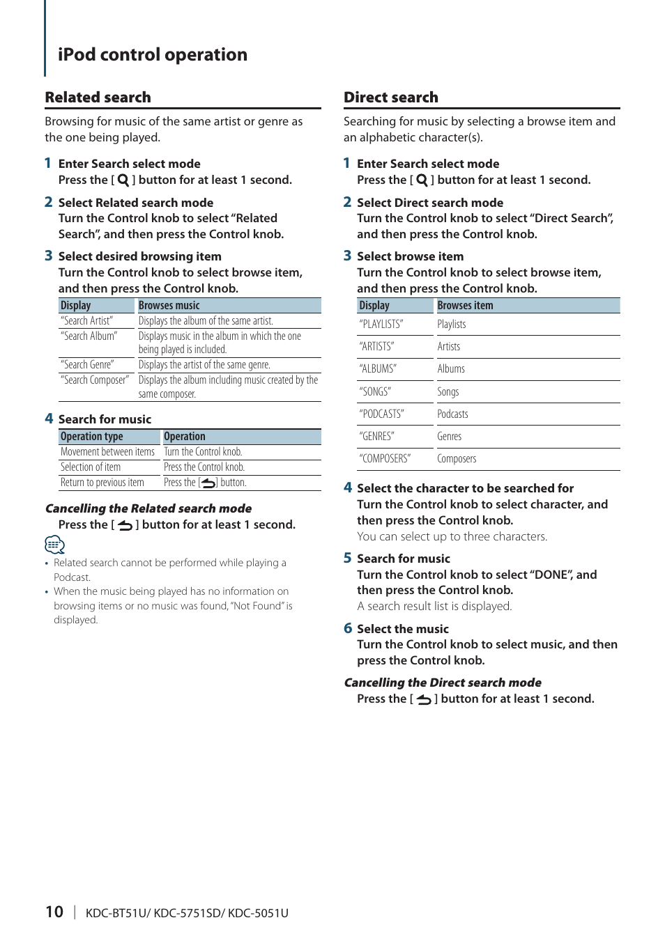 Related search, Direct search, Ipod control operation | Kenwood KDC-5751SD User Manual | Page 10 / 59