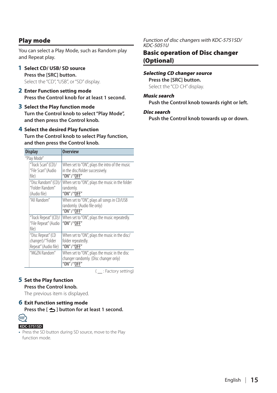 Play mode, Basic operation of disc changer (optional) | Kenwood KDC-5751SD User Manual | Page 15 / 59