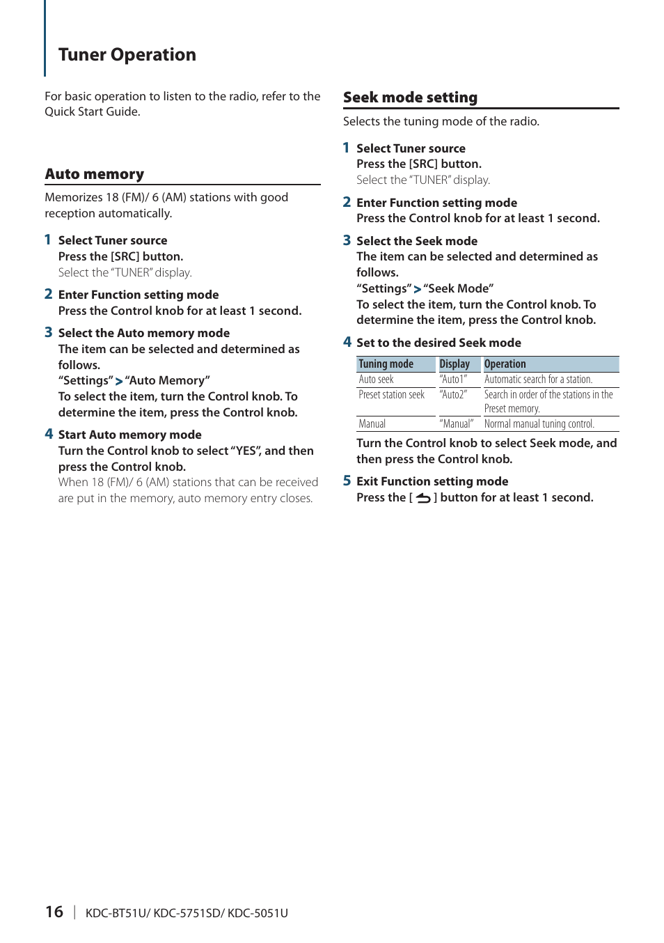 Tuner operation, Auto memory, Seek mode setting | Kenwood KDC-5751SD User Manual | Page 16 / 59